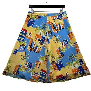 Y2K Vintage Silkland Skirt 100% Silk Tropical Novelty Print Palm Trees & Citysca